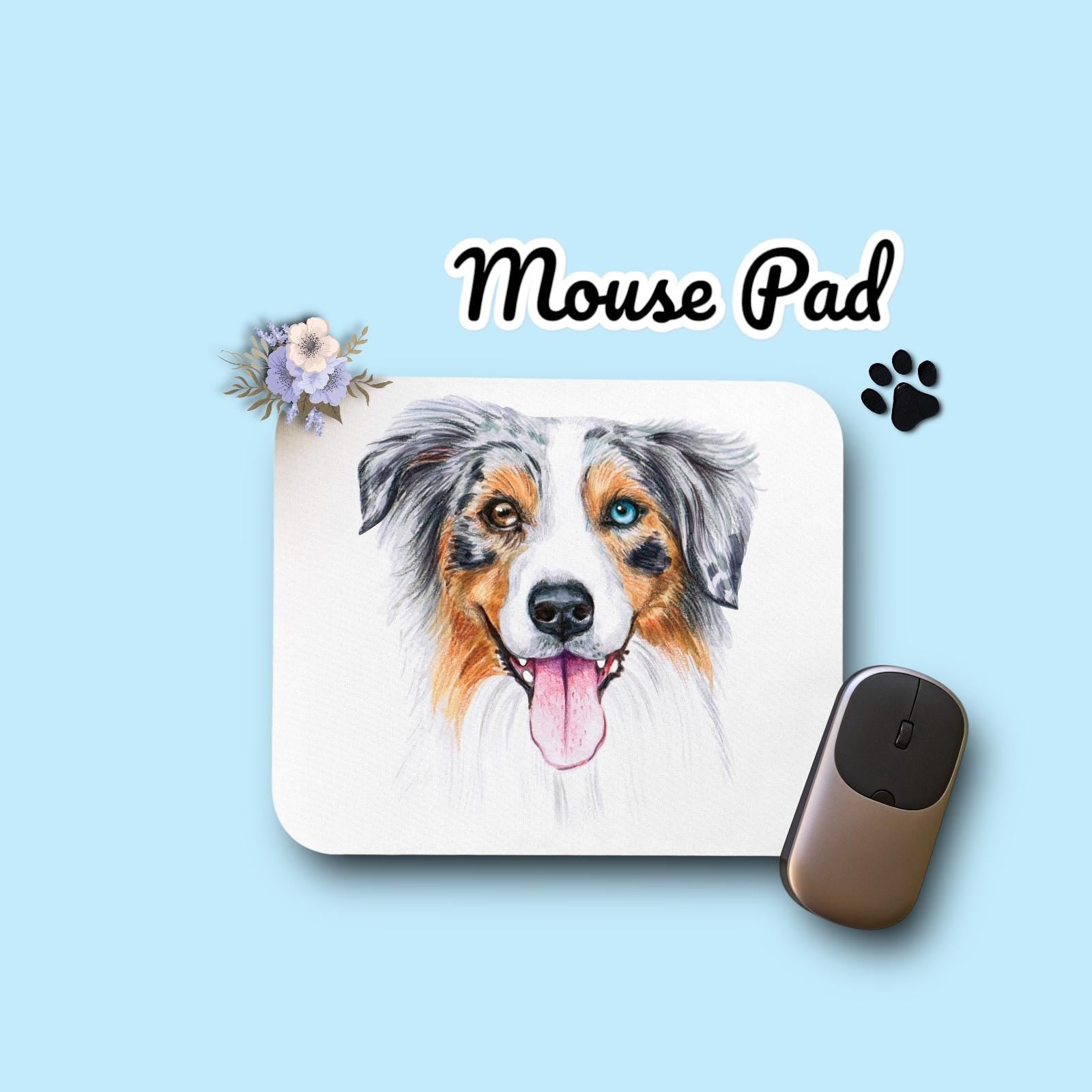 Aussie Mousepad - Blue Merle Australian Shepherd puppy - Office Desk Accessories - Dog Lover Gifts - Personalized, add a Name - Your Text