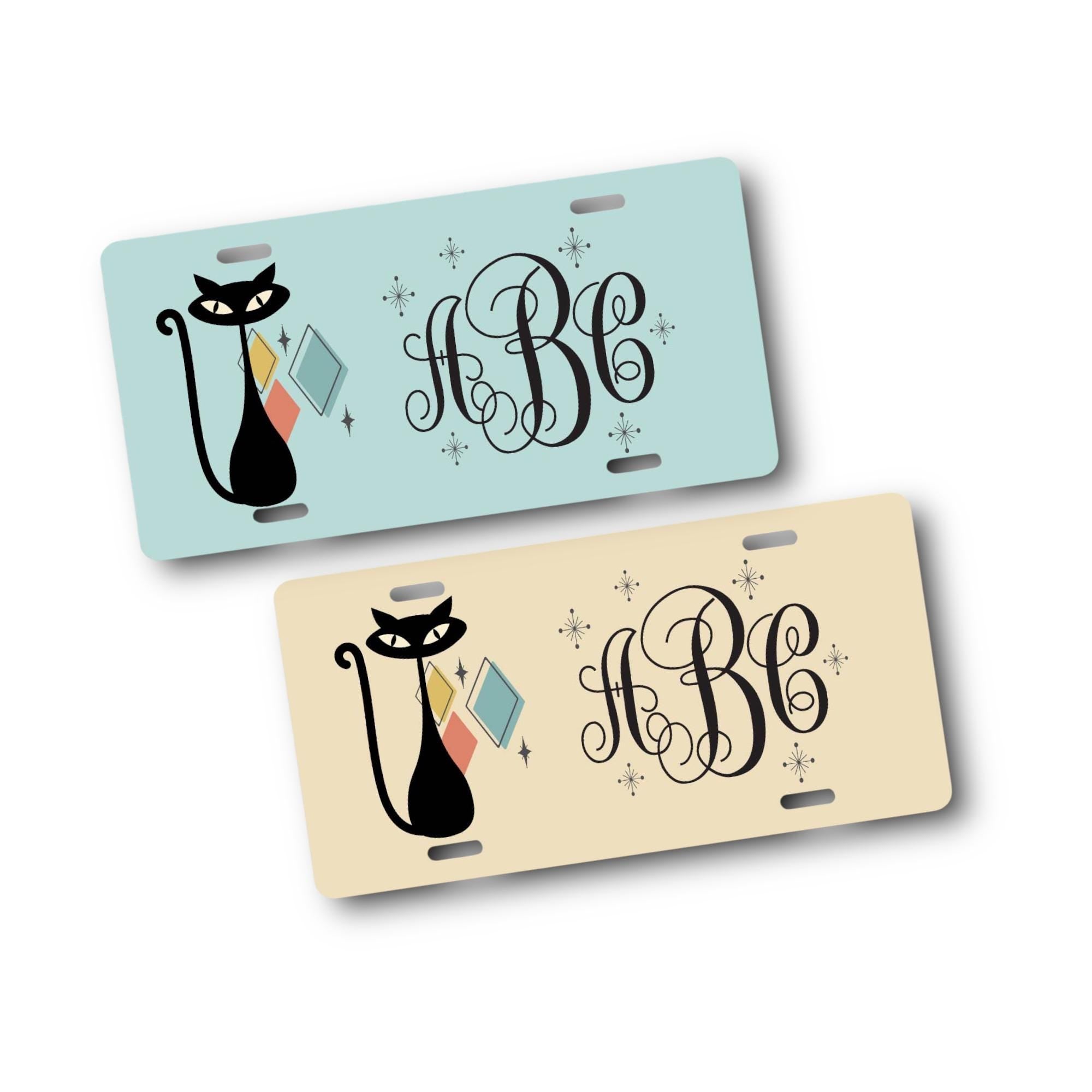 Atomic Cat License Plate - Monogrammed Mid Century Modern Personalized Car Tag - Vintage 70s - funky retro cats