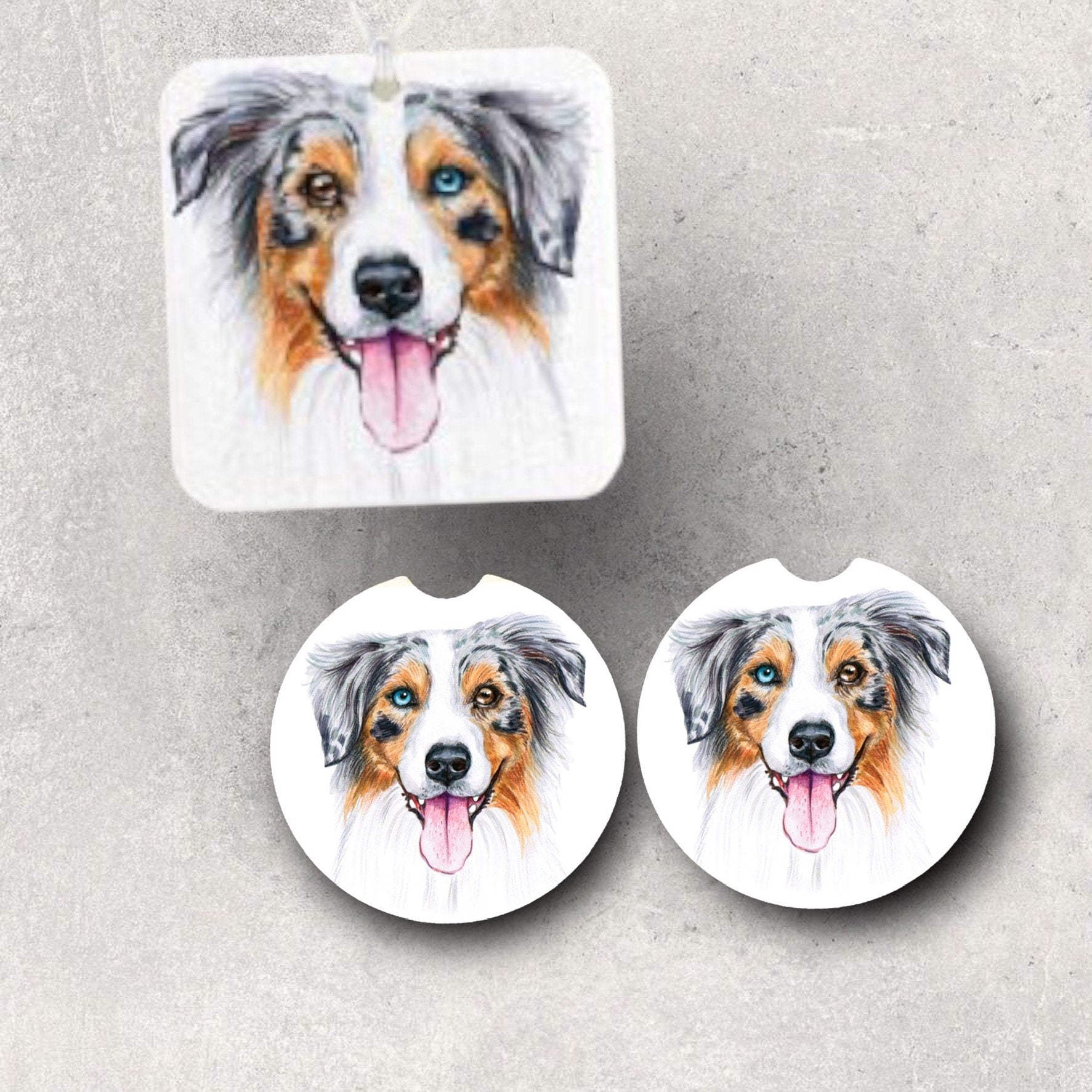 Aussie Car Accessories - Blue Merle Australian Shepherd puppy - Dog Lover Gifts - Personalized License Plate, Coasters - Pet Memorial