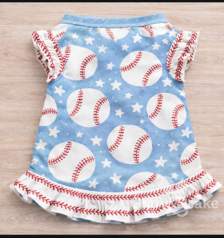 Homerun Heroes pet ruffled shirt dress - Baseball print