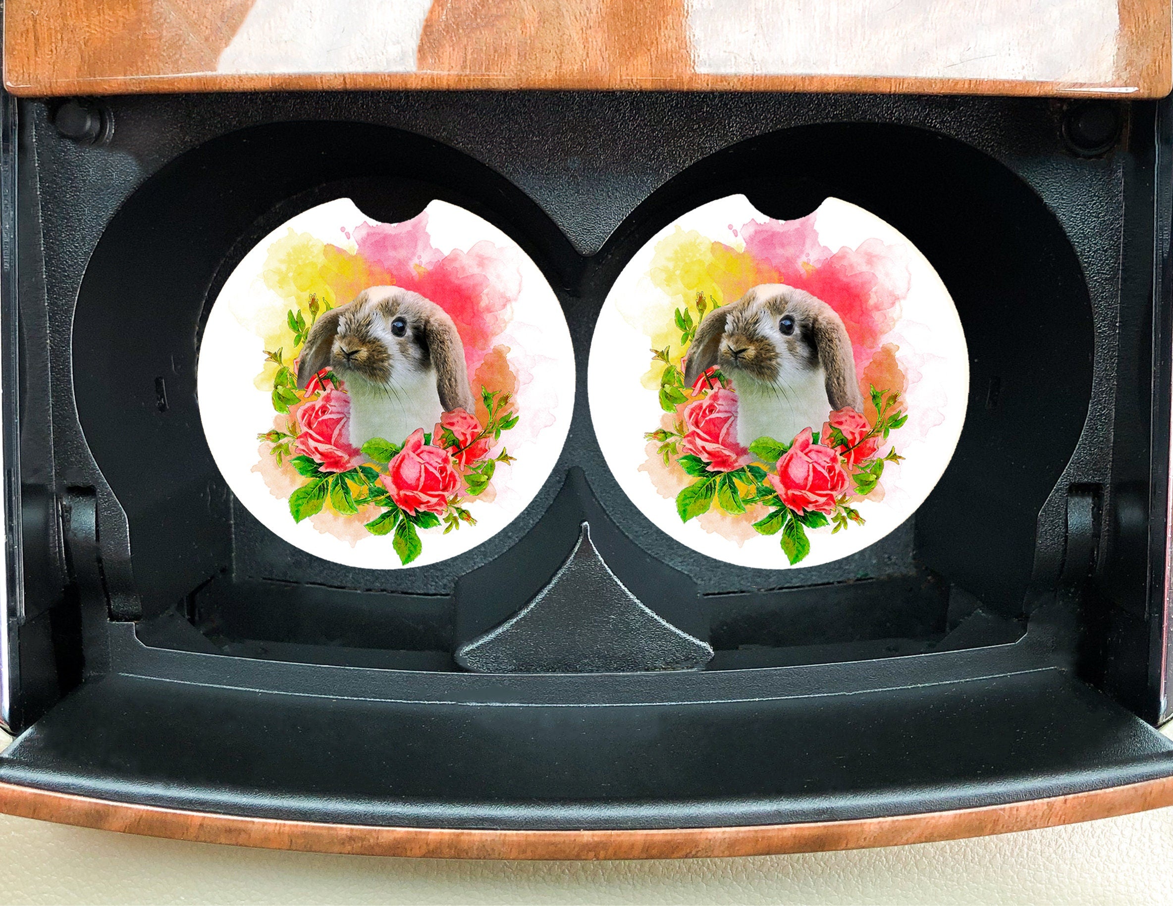 Bunny Car Coasters - Lop eared Rabbit - Roses -Easter Basket Gift - Mothers Day, Birthday for Friend, Girlfriend, Her - Pet Sitter- Spring