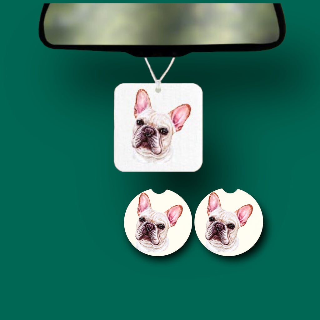 French bull dog Car Accessories - Frenchie pet lover Gift set - Personalized License Plate, Coasters - Pet Memorial - add a name, your text