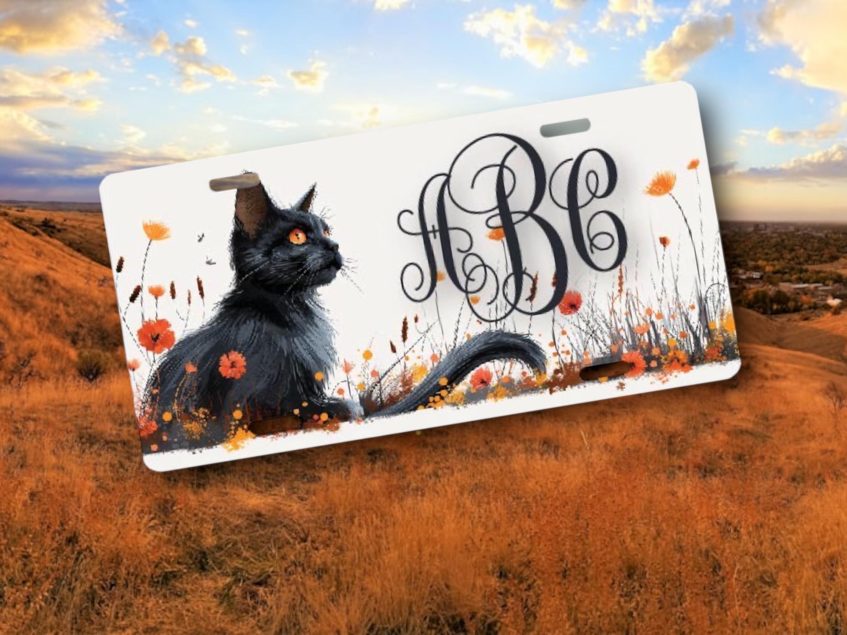 Personalized Black Cat Car Tag - Fall License Plate - Monogrammed Gift, Pet Memorial - Luggage Tag, Handicapped Wheelchair Plate - Rescue