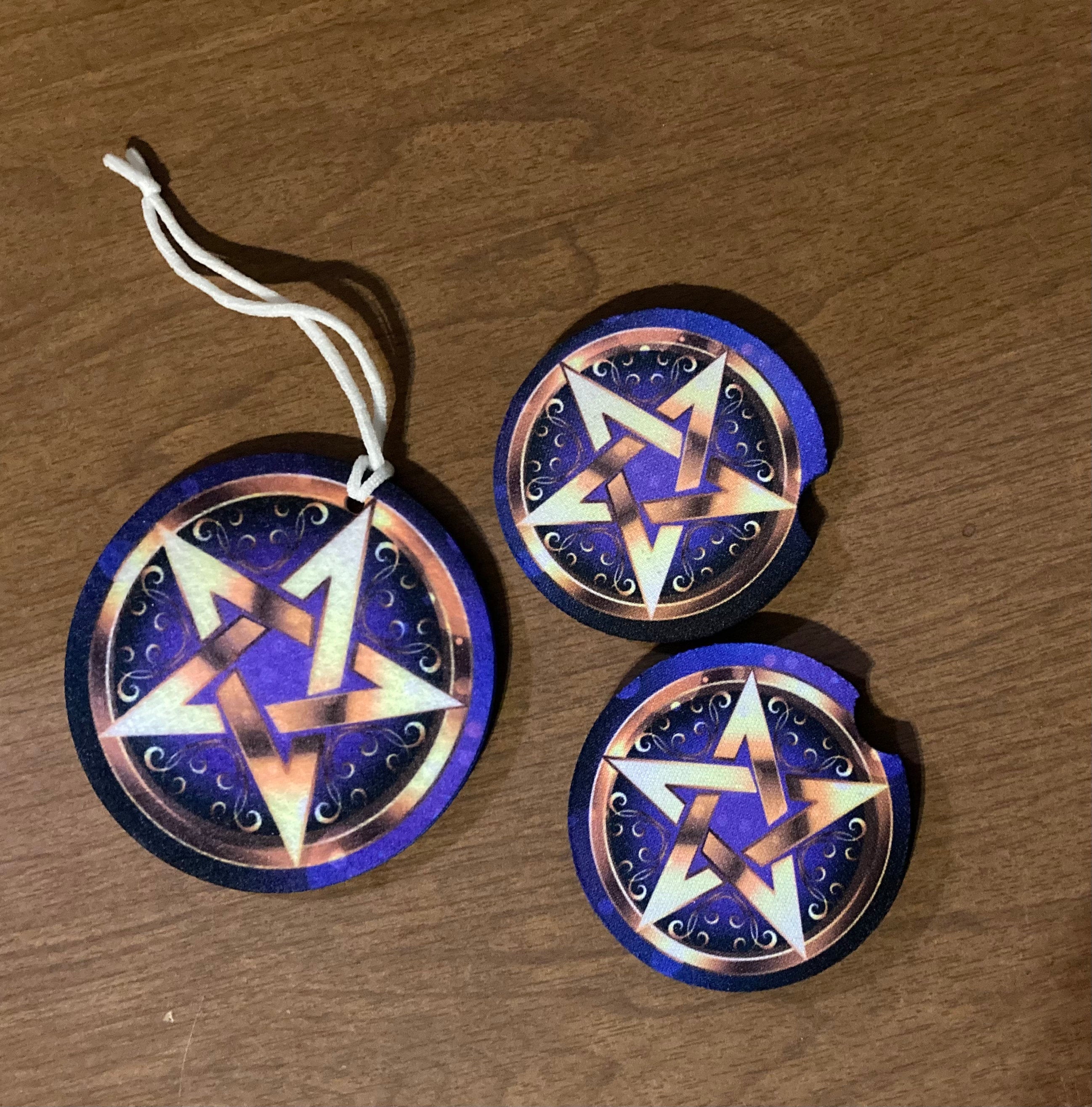 Pentagram Car Accessories - Royal Purple Coasters, Air Freshener - Wiccan Protection 5 point star - Teen Birthday gift for Her -Celtic Witch