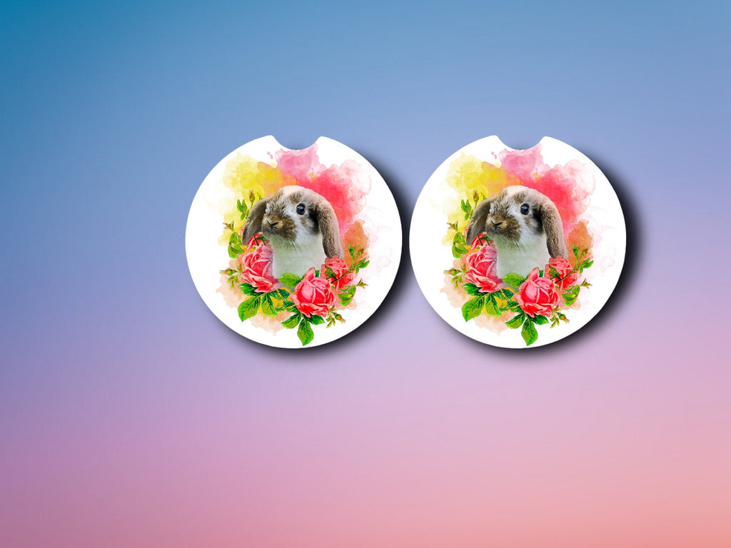 Bunny Car Coasters - Lop eared Rabbit - Roses -Easter Basket Gift - Mothers Day, Birthday for Friend, Girlfriend, Her - Pet Sitter- Spring