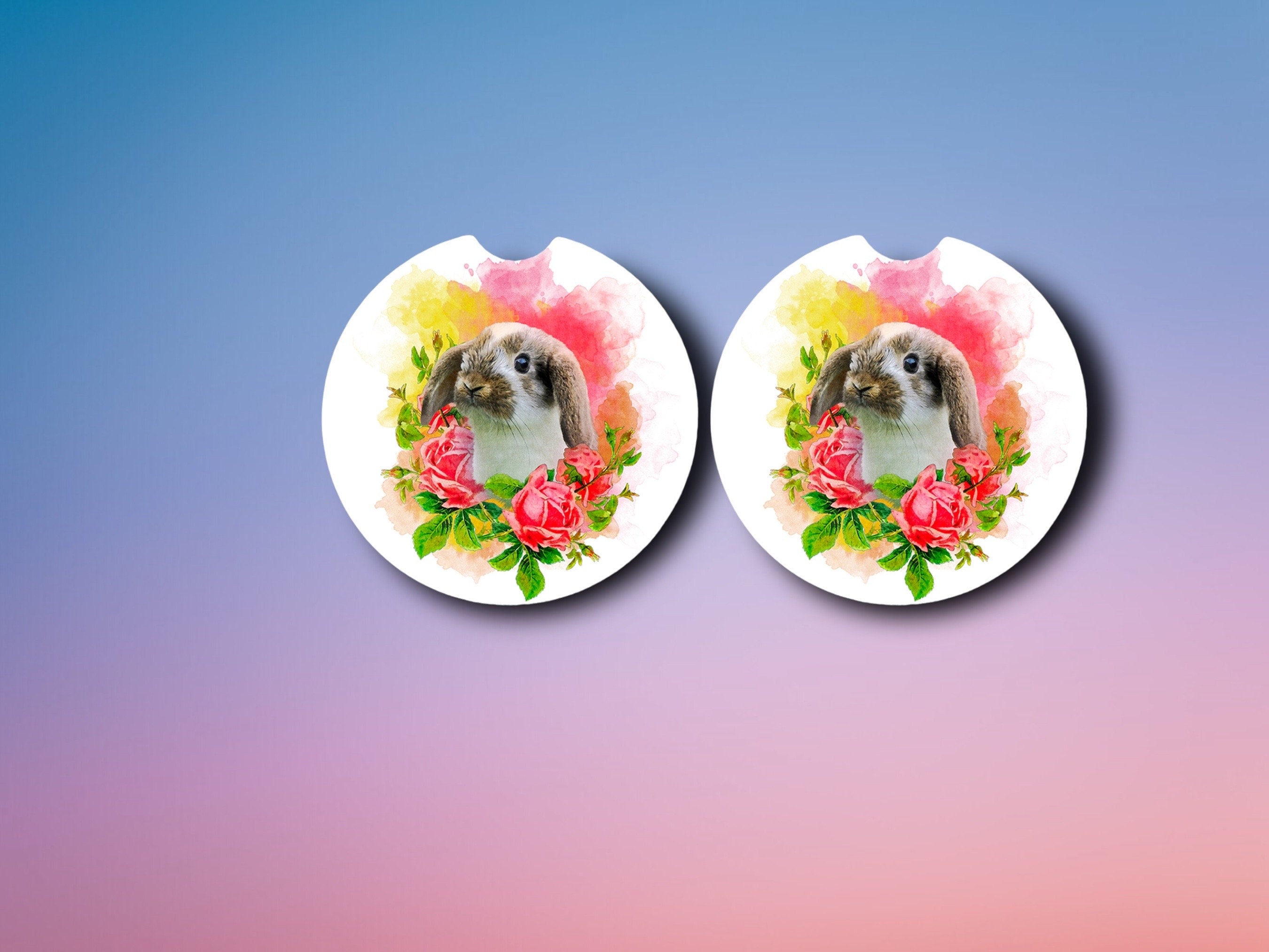 Bunny Car Coasters - Lop eared Rabbit - Roses -Easter Basket Gift - Mothers Day, Birthday for Friend, Girlfriend, Her - Pet Sitter- Spring
