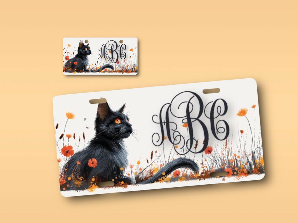 Personalized Black Cat Car Tag - Fall License Plate - Monogrammed Gift, Pet Memorial - Luggage Tag, Handicapped Wheelchair Plate - Rescue