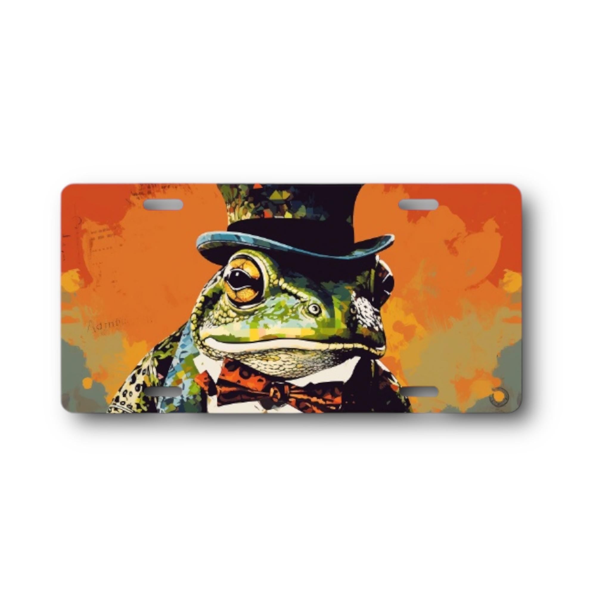 Frog License Plate - neon pop art vibrant watercolor artwork - Formal Amphibian Aluminum Sublimated Car Tag - Dignified Toad in a Top Hat
