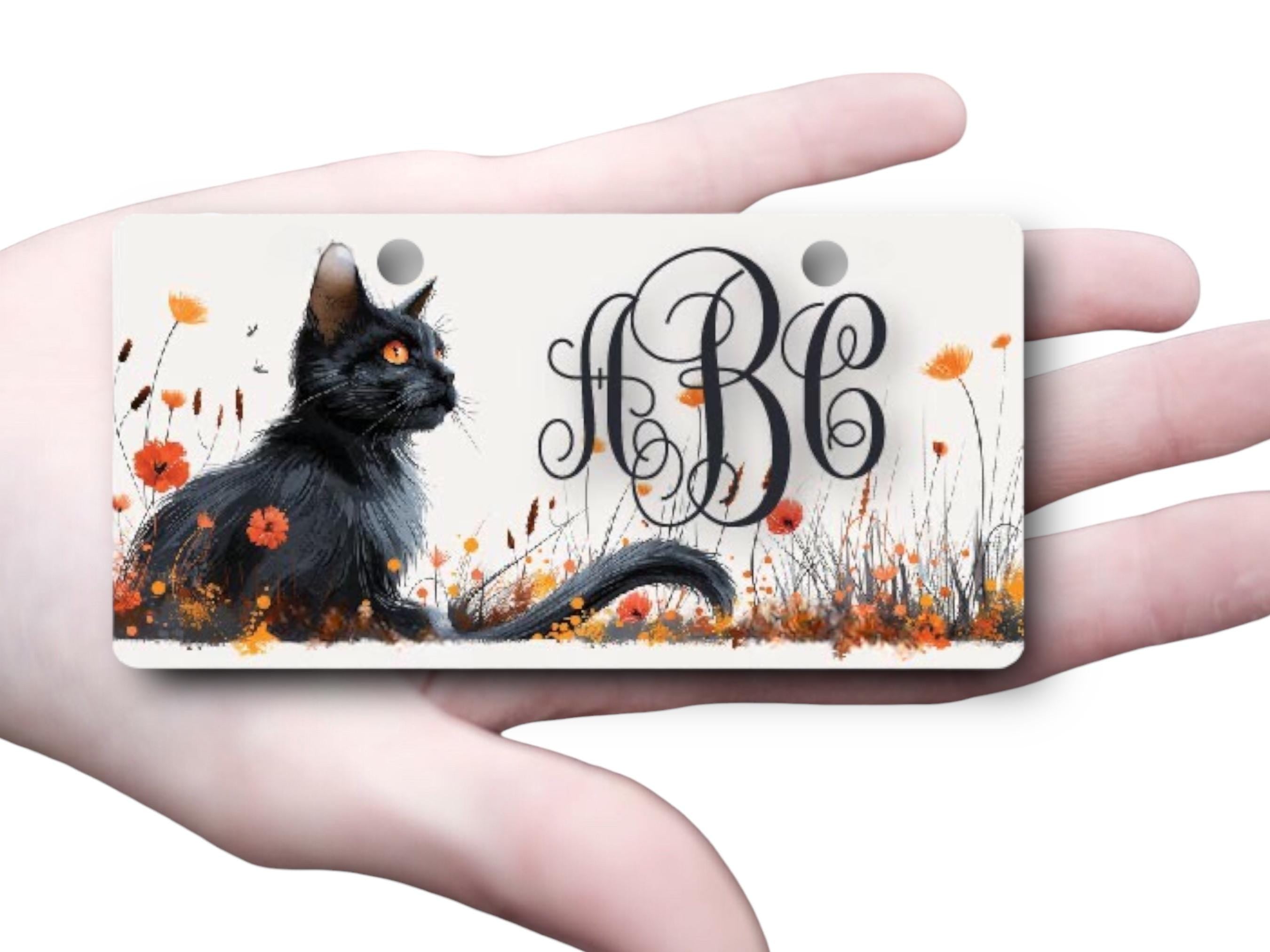 Personalized Black Cat Car Tag - Fall License Plate - Monogrammed Gift, Pet Memorial - Luggage Tag, Handicapped Wheelchair Plate - Rescue