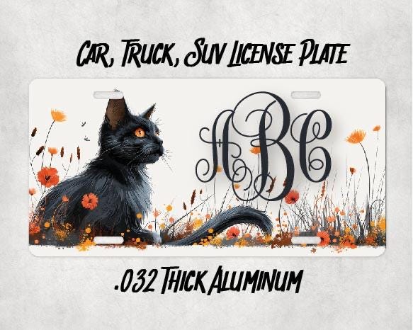Personalized Black Cat Car Tag - Fall License Plate - Monogrammed Gift, Pet Memorial - Luggage Tag, Handicapped Wheelchair Plate - Rescue