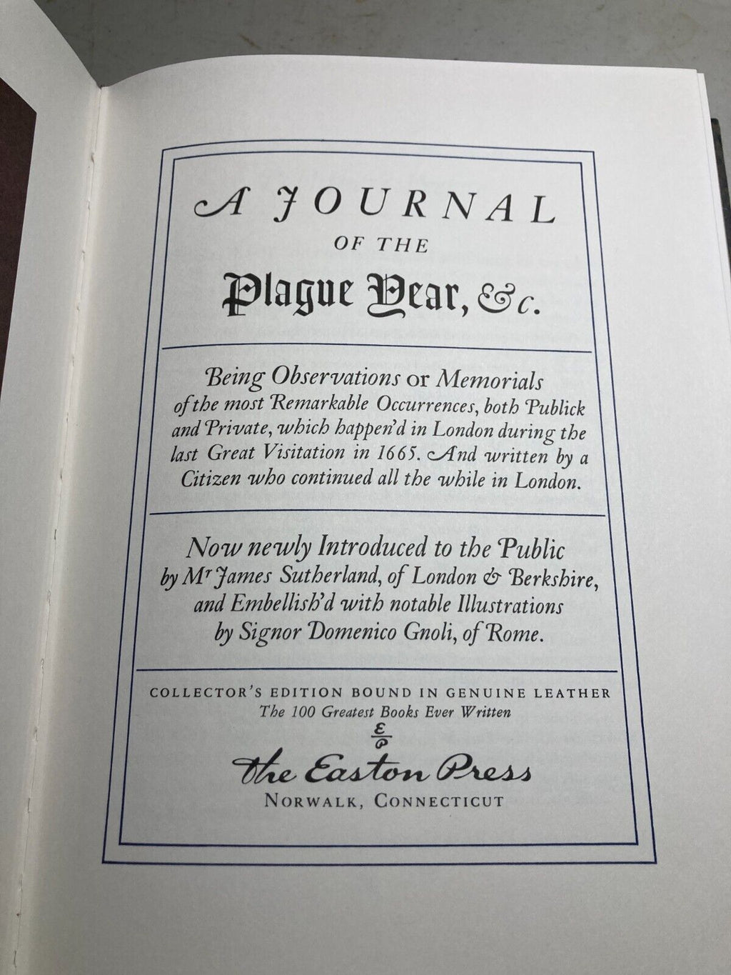 A Journal of the Plague year - Daniel Defoe - Easton Press Leather Bound