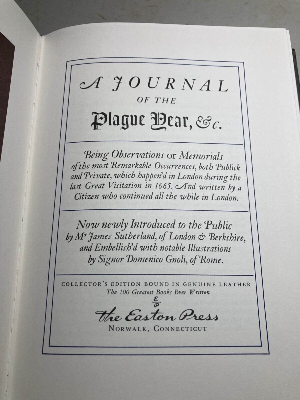 A Journal of the Plague year - Daniel Defoe - Easton Press Leather Bound