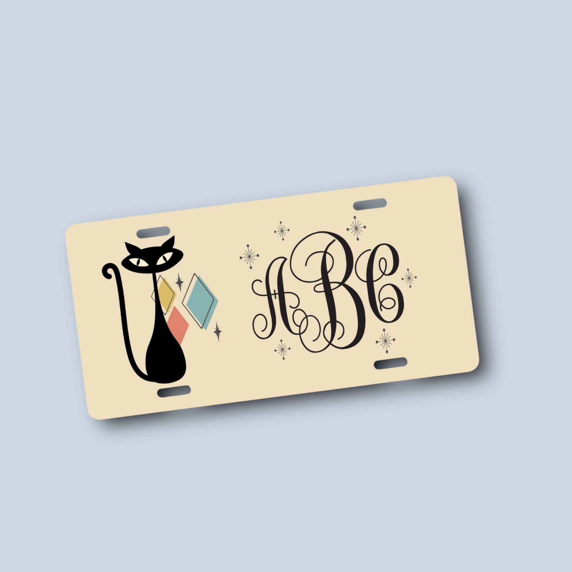 Atomic Cat License Plate - Monogrammed Mid Century Modern Personalized Car Tag - Vintage 70s - funky retro cats