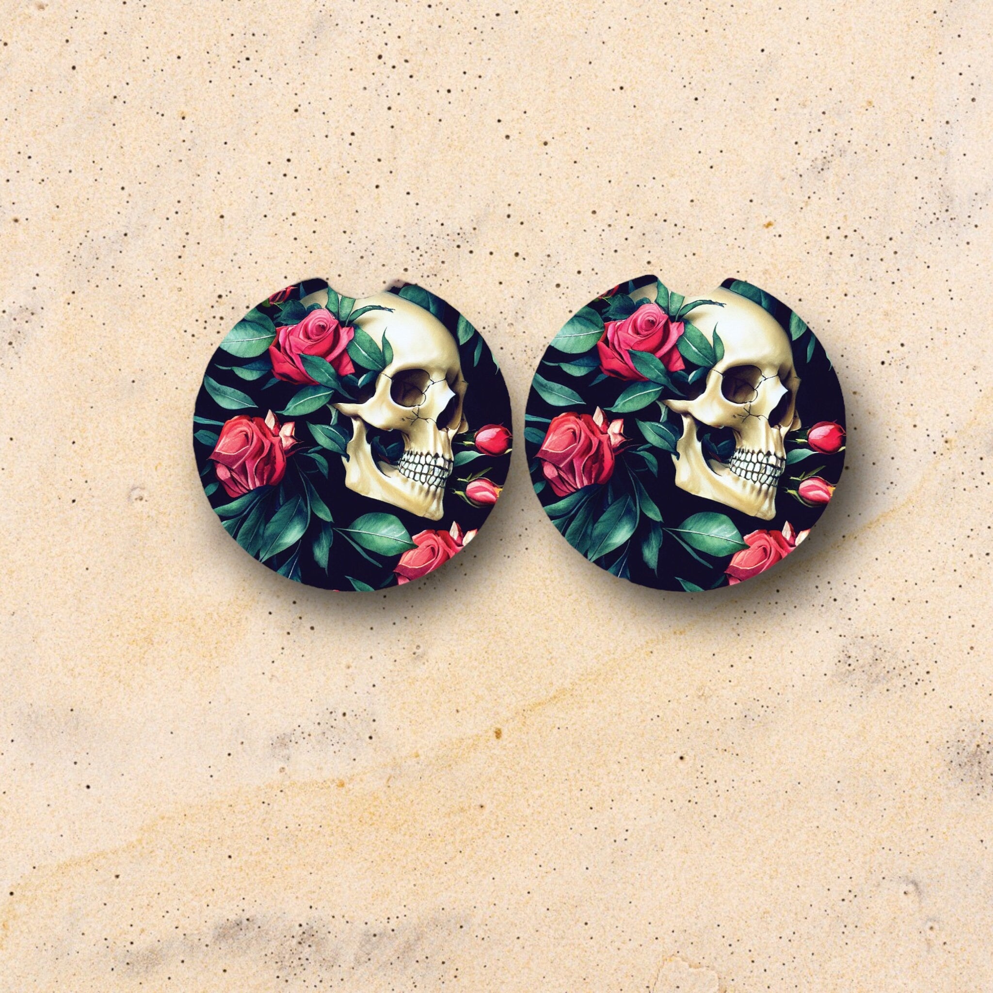 Gothic Floral Car Coasters - Macabre flowers - Biker gift for Her - dark Goth Chick Skull with Roses - Romantic Valentine bar drink coasters