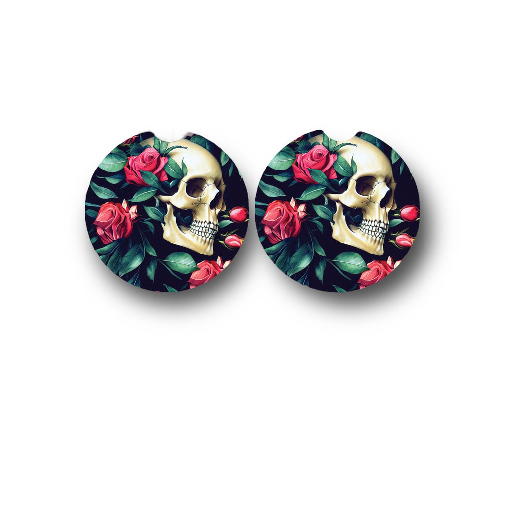 Gothic Floral Car Coasters - Macabre flowers - Biker gift for Her - dark Goth Chick Skull with Roses - Romantic Valentine bar drink coasters