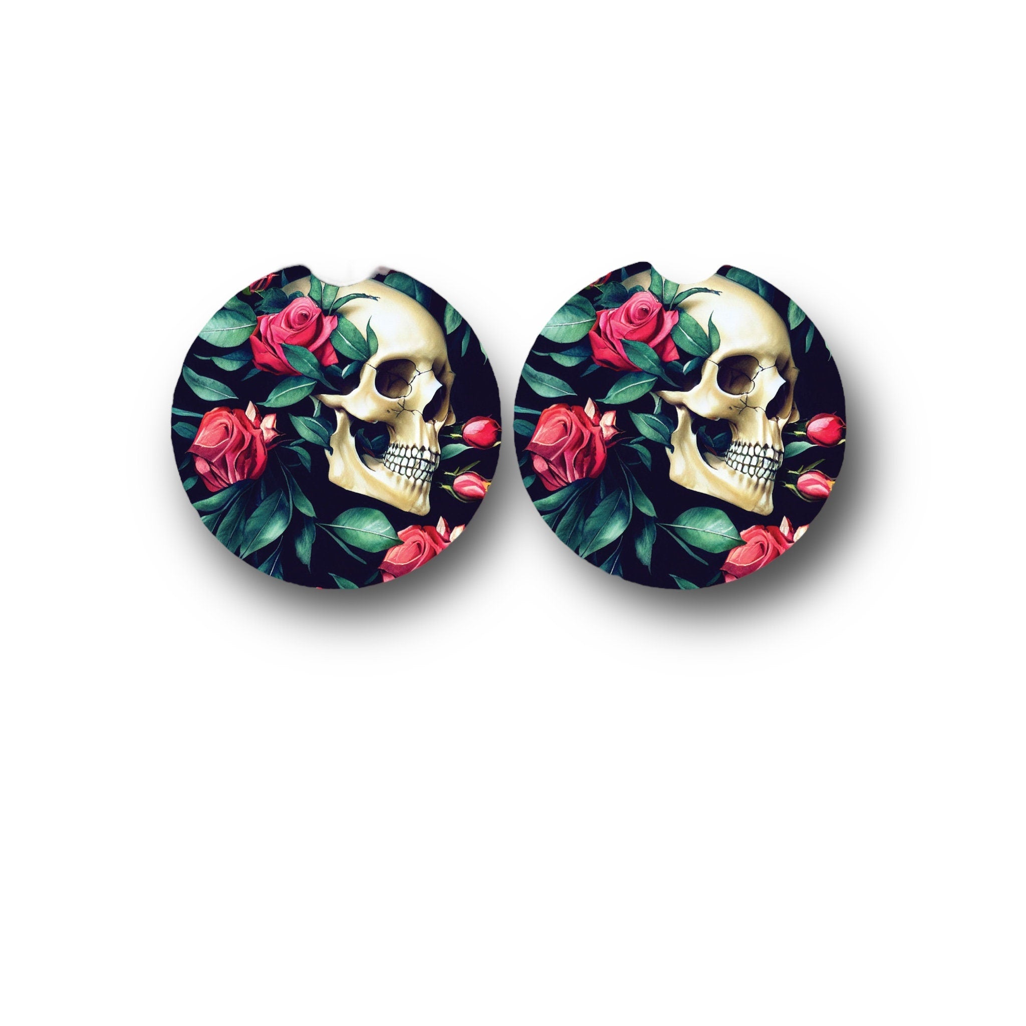 Gothic Floral Car Coasters - Macabre flowers - Biker gift for Her - dark Goth Chick Skull with Roses - Romantic Valentine bar drink coasters