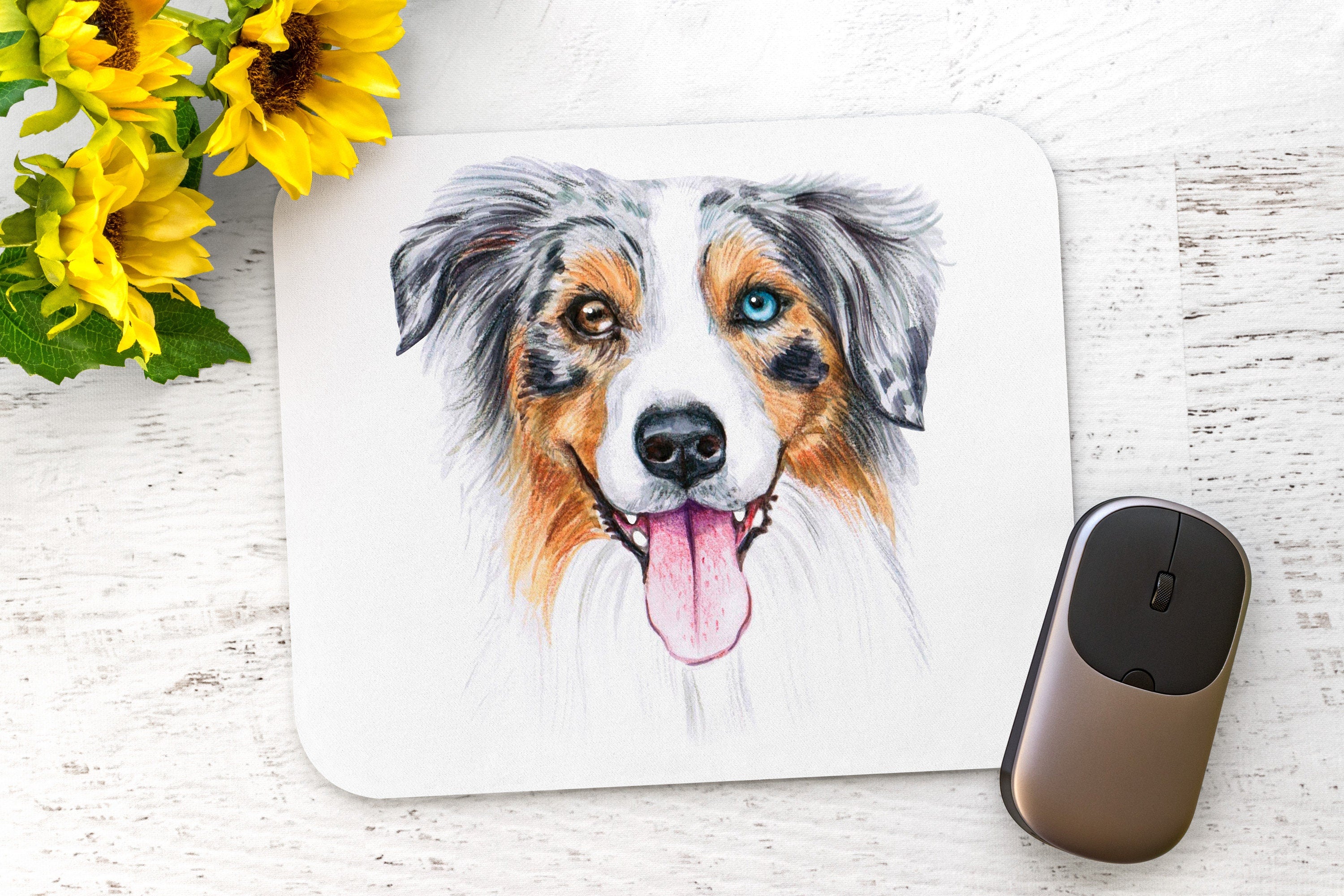 Aussie Mousepad - Blue Merle Australian Shepherd puppy - Office Desk Accessories - Dog Lover Gifts - Personalized, add a Name - Your Text