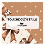 Product packaging with 'Touchdown Tails' and 'Griffy&Drake' branding on a polka dot background.