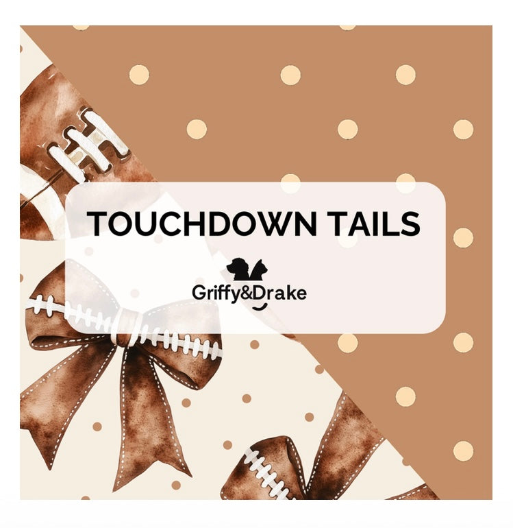 Product packaging with 'Touchdown Tails' and 'Griffy&Drake' branding on a polka dot background.