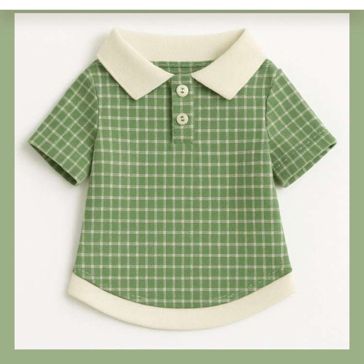 Green and beige checkered shirt with a collar and buttons, for pet cats and dogs.