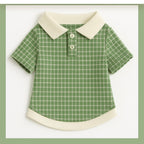 Green and beige checkered shirt with a collar and buttons, for pet cats and dogs.