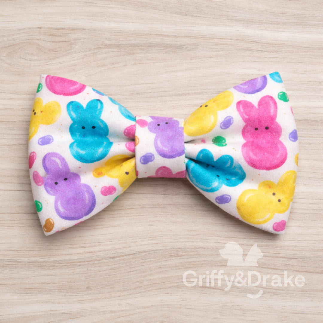 Spring peeps and jellybeans on a pet bow tie for Easter.