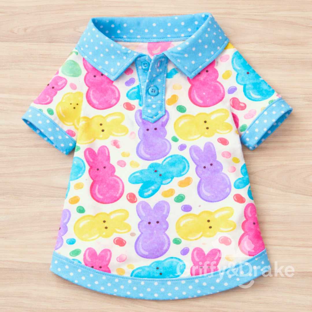 Collared shirt for cats or dogs. Peeps and jellybeans with vibrant blue collar.