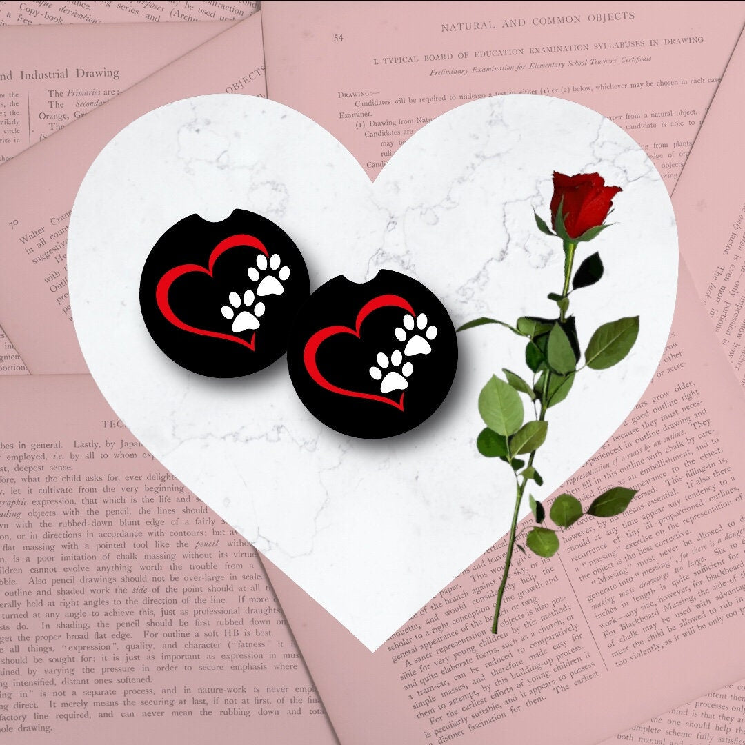 Paw Print Heart Car Coasters - Dog Mom, Cat Daddy, Pet Sitter, Dog Walker - Valentines Day Gift -Support Pet Rescue, TNR - Love