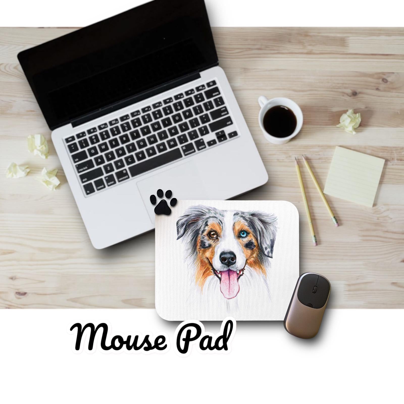 Aussie Mousepad - Blue Merle Australian Shepherd puppy - Office Desk Accessories - Dog Lover Gifts - Personalized, add a Name - Your Text