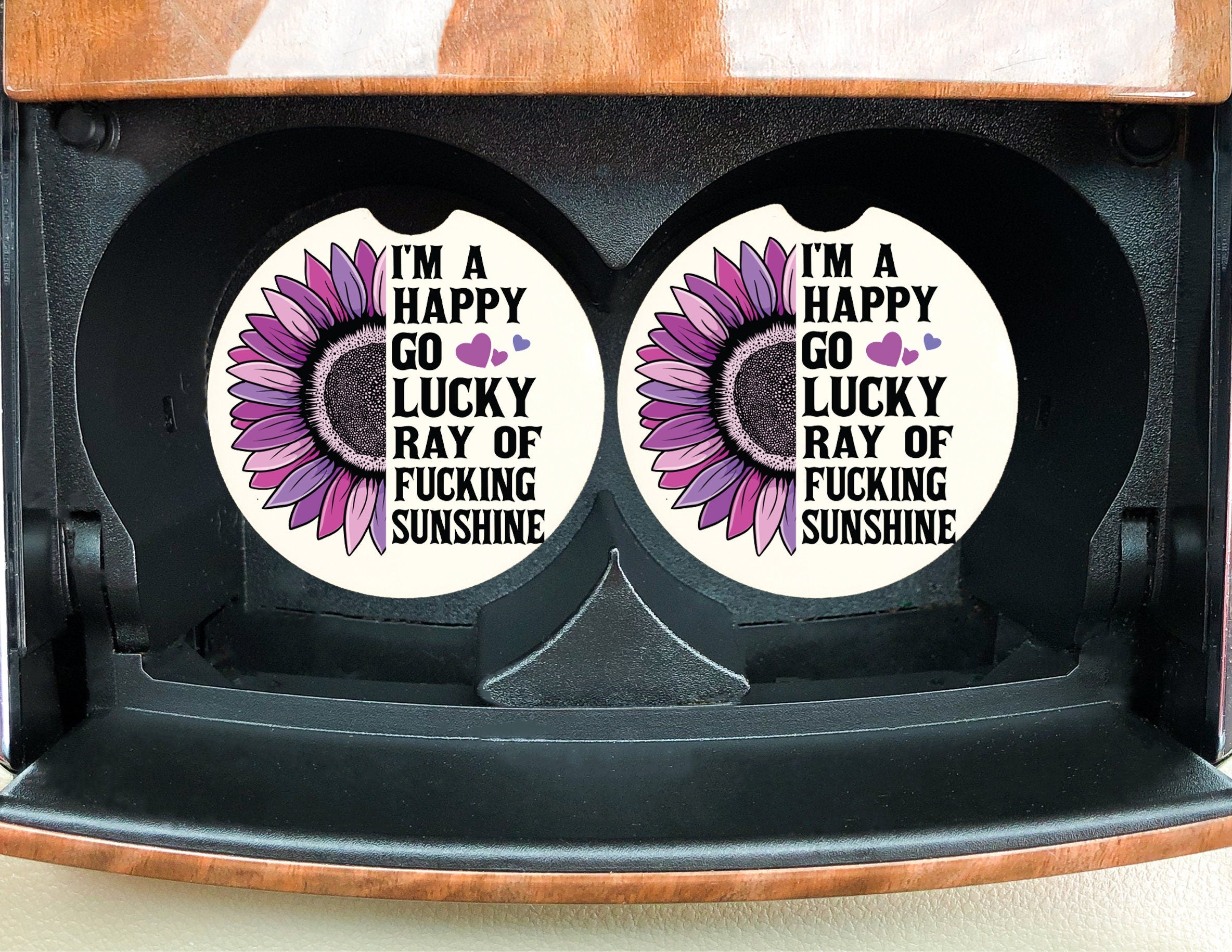 Sassy Car Coasters -Purple Sunflower -Happy Go Lucky Ray of Fucking Sunshine -Antisocial Gag Gift for Her -Funny Teen Gift-Quotes about Life