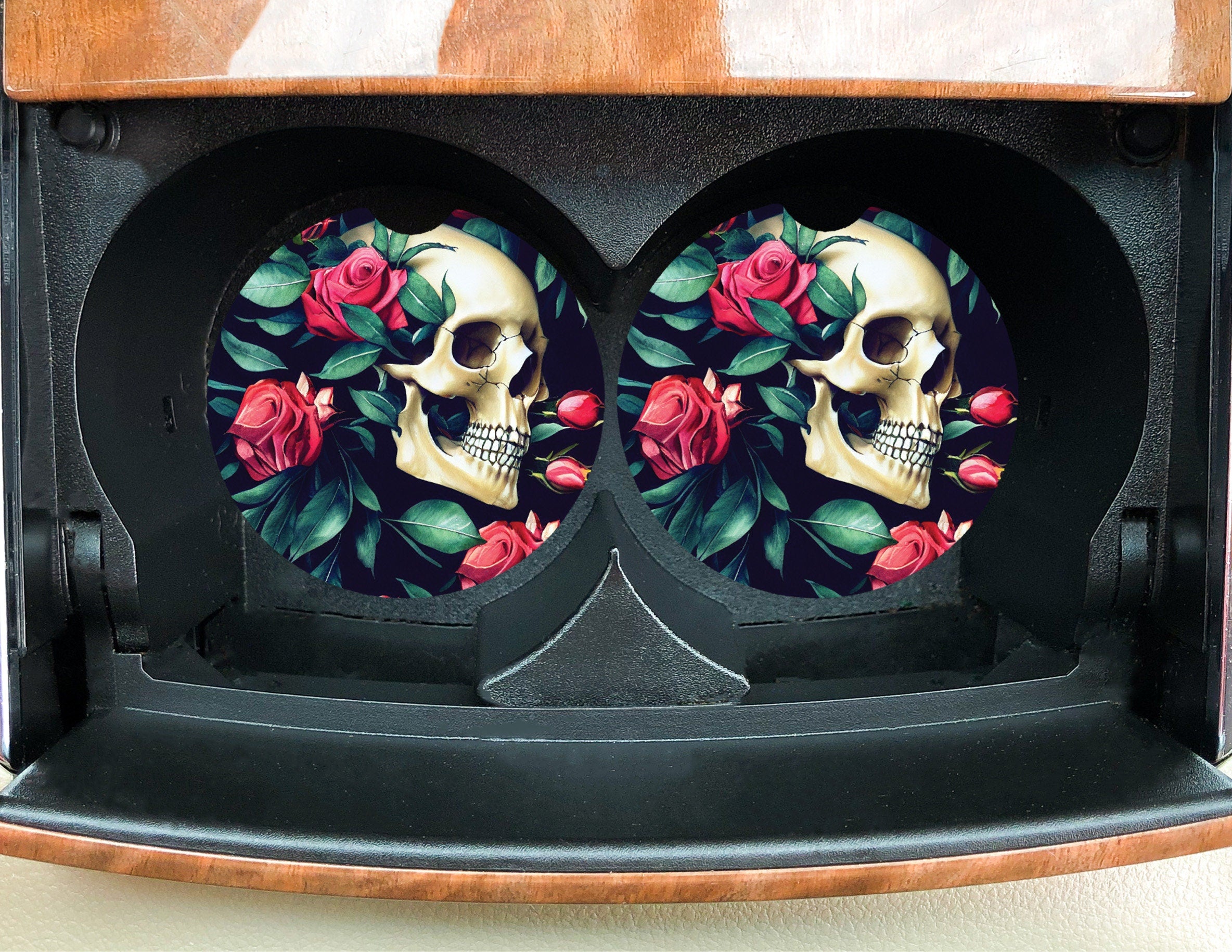 Gothic Floral Car Coasters - Macabre flowers - Biker gift for Her - dark Goth Chick Skull with Roses - Romantic Valentine bar drink coasters